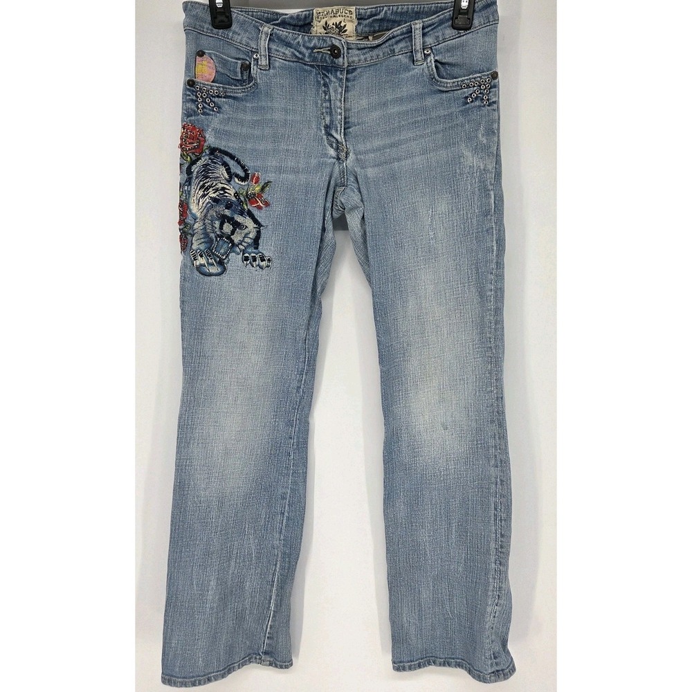 Vintage Y2K Parasuco Womens‎ Embroided Jeans 31 Low Rise Wide Leg Tiger Roses